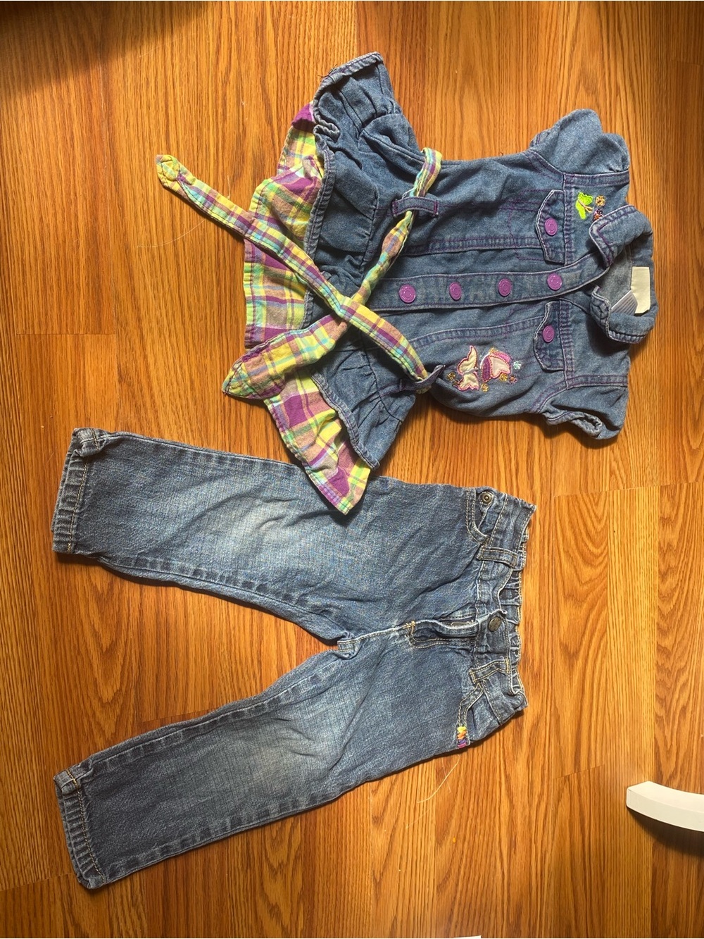 Y2K 18M Girls Denim Jacket & Jeans Set with Plaid Trim